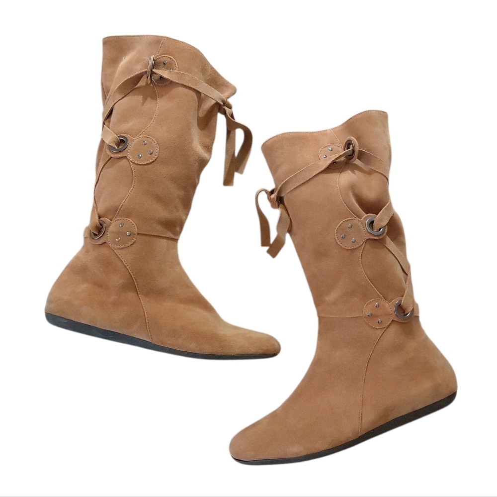 MICHELLE D Frenzy Suede Tie Up Moccasin Boots Caramel Brown Suede Tall Boot 10 M